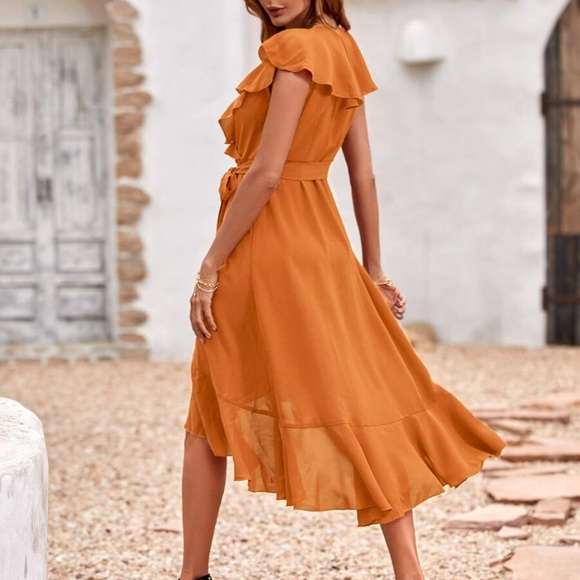 Boho Dusty Blue ruffle hem wrap belted Maxi Dress - Picture 9 of 12